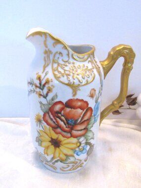Hand Painted Floral Porcelain Pitcher: Vintage Gold Gilt Accent, Signed Lila Dav
